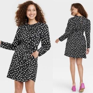 NWT A New Day Long Sleeve Belted A-Line Mini Dress - Black White Polka D…